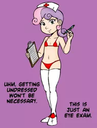 Size: 720x945 | Tagged: suggestive, artist:megasweet, banned from derpibooru, edit, sweetie belle, human, belly button, bikini, breasts, clipboard, clothes, delicious flat chest, female, human coloration, humanized, image, implied pedophilia, lolicon, nurse, panties, pen, png, red swimsuit, simple background, socks, stockings, swimsuit, thigh highs, underage, underwear, zettai ryouiki