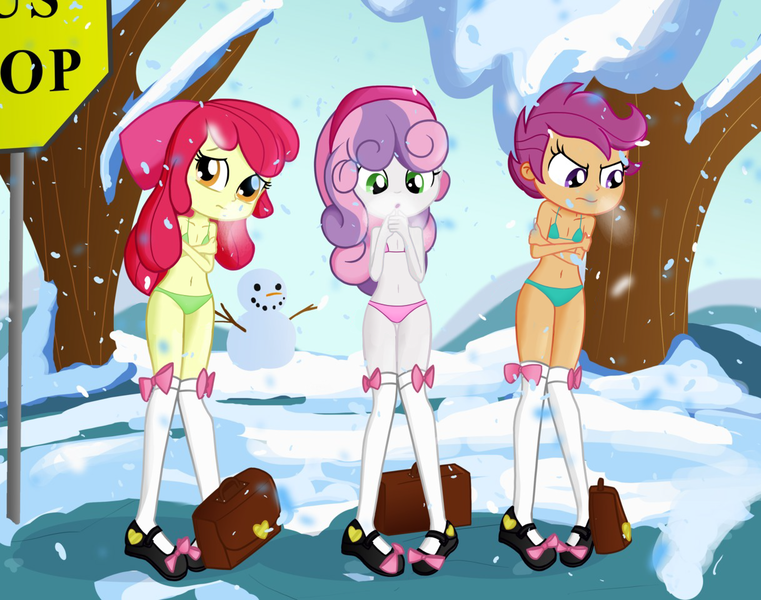 Size: 1217x960 | Tagged: suggestive, artist:ohohokapi, banned from derpibooru, edit, apple bloom, scootaloo, sweetie belle, equestria girls, :o, bag, blue underwear, bra, breath, bus stop, clothes, cold, cutie mark crusaders, dress, female, frown, green underwear, image, lolicon, looking at you, mary janes, o mouth, open mouth, panties, pink underwear, png, schoolgirl, shivering, shoes, skirt, snow, snowfall, snowman, socks, thigh highs, this will end in hypothermia, tree, underage, underwear, underwear edit, winter