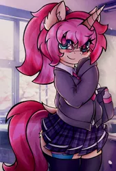 Size: 2766x4096 | Tagged: safe, artist:canvymamamoo, derpibooru import, oc, oc:red velvet, unofficial characters only, pony, unicorn, bag, bipedal, blushing, clothes, dock, ear fluff, female, glasses, image, jpeg, looking at you, mare, necktie, plaid skirt, pleated skirt, raised hoof, school uniform, shirt, skirt, smiling, socks, solo, stockings, thigh highs