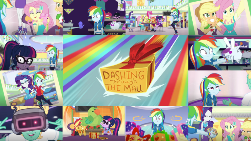Size: 1280x721 | Tagged: safe, derpibooru import, edit, edited screencap, editor:quoterific, screencap, applejack, fluttershy, pinkie pie, rainbow dash, rarity, sci-twi, sunset shimmer, twilight sparkle, zephyr breeze, equestria girls, equestria girls series, holidays unwrapped, spoiler:eqg series (season 2), applejack is not amused, applejack's hat, boots, bowtie, bracelet, canterlot mall, clothes, converse, cowboy boots, cowboy hat, cutie mark, cutie mark on clothes, dashing through the mall, denim skirt, eyes closed, geode of empathy, geode of fauna, geode of shielding, geode of sugar bombs, geode of super speed, geode of super strength, geode of telekinesis, glasses, hairpin, hammer, hat, high heels, hoodie, image, jacket, jewelry, leather, leather jacket, magical geodes, peace sign, pink camera, png, ponytail, present, rainbow dash is best facemaker, rainbow dash is not amused, rarity is not amused, rarity peplum dress, sandals, shoes, skirt, smiling, unamused