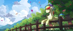 Size: 3440x1440 | Tagged: safe, artist:redchetgreen, derpibooru import, oc, unofficial characters only, earth pony, pony, cloud, fence, image, leaves, png, scenery, sky, solo, tree