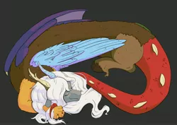 Size: 4961x3508 | Tagged: safe, artist:ardilya, derpibooru import, discord, draconequus, colored, cute, digital art, eris, image, jpeg, overhead view, rule 63, simple background, sleeping, solo, wings