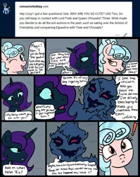 Size: 1536x1928 | Tagged: safe, artist:sjart117, derpibooru import, idw, cozy glow, larry, shadowfright, oc, oc:nyx, alicorn, pony, unicorn, ask nyx, ask, ask dust rock, castle of the royal pony sisters, comic, female, filly, idw reference, image, jpeg, nightmare creature, permission given, teenager, tumblr