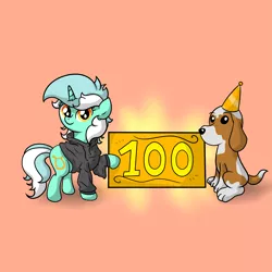 Size: 4921x4921 | Tagged: safe, artist:background basset, derpibooru import, lyra heartstrings, basset hound, dog, pony, unicorn, clothes, dig the swell hoodie, duo, hat, hoodie, image, party hat, png