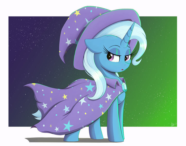 Size: 3816x2994 | Tagged: safe, artist:arcane-thunder, derpibooru import, trixie, pony, unicorn, cape, clothes, female, hat, high res, image, lidded eyes, mare, png, trixie's cape, trixie's hat, white border, wizard hat