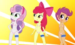 Size: 1280x768 | Tagged: suggestive, artist:ohohokapi, banned from derpibooru, edit, apple bloom, scootaloo, sweetie belle, equestria girls, arm behind back, bikini, bikini edit, blushing, bow, clothes, cutie mark crusaders, embarrassed, female, garter, garters, grin, hair bow, image, lingerie, lolicon, looking up, panties, png, skimpy outfit, smiling, stepford wife, string bikini, sunburst background, swimsuit, swimsuit edit, thong, tomboy taming, underage, underwear