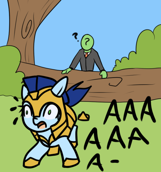 Size: 592x633 | Tagged: safe, artist:neuro, oc, oc:anon, unofficial characters only, human, pony, aaaaaaaaaa, armor, confused, female, green eyes, guardsmare, helmet, hoof shoes, image, log, mare, png, royal guard, running away, screaming, shrunken pupils, tree, wide eyes