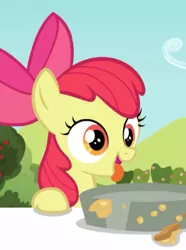 Size: 302x405 | Tagged: safe, screencap, apple bloom, earth pony, pony, brotherhooves social, adorabloom, cute, female, filly, happy, image, png, smiling, solo, tongue out