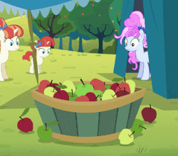 Size: 460x405 | Tagged: safe, screencap, apple bloom, cotton sky, rainberry, rainbow stars, earth pony, pegasus, pony, unicorn, brotherhooves social, angry, animated, apple, female, filly, food, frown, gif, image, looking at you, reversed, spitting, stare