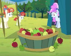 Size: 501x395 | Tagged: safe, screencap, apple bloom, cotton sky, rainberry, rainbow stars, earth pony, pegasus, pony, unicorn, yoshi, brotherhooves social, /mlp/, angry, animated, apple, female, filly, food, frown, gif, image, looking at you, parody, reversed, spitting, stare, x eyes