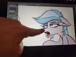 Size: 1500x1125 | Tagged: suggestive, artist:pinkberry, derpibooru import, oc, oc:winter azure, earth pony, pony, ahegao, boop, drawing tablet, hand, image, irl, jpeg, open mouth, photo, tongue out