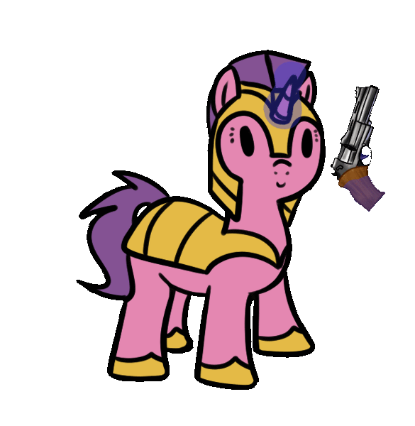 Size: 613x629 | Tagged: safe, alternate version, artist:neuro, oc, unofficial characters only, pony, unicorn, animated, armor, dancing, female, gif, guardsmare, gun, handgun, helmet, hoof shoes, horn, image, magic, mare, revolver, royal guard, shooting, simple background, smiling, solo, telekinesis, transparent background, unicorn oc, weapon