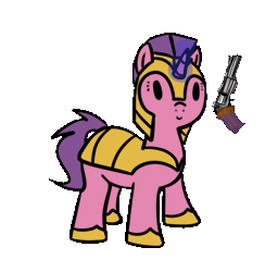 Size: 613x629 | Tagged: safe, alternate version, artist:neuro, oc, unofficial characters only, pony, unicorn, animated, armor, dancing, female, gif, guardsmare, gun, handgun, helmet, hoof shoes, horn, image, magic, mare, revolver, royal guard, shooting, simple background, smiling, solo, telekinesis, transparent background, unicorn oc, weapon