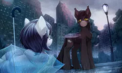 Size: 3500x2100 | Tagged: safe, artist:inowiseei, derpibooru import, oc, oc:kadai, oc:rainfall, unofficial characters only, bat pony, earth pony, pony, bat pony oc, bat wings, building, chest fluff, city, clothes, commission, cutie mark, detailed background, duo, female, high res, hoodie, image, lamppost, male, park, png, pun, rain, scenery, tree, umbrella, visual pun, wings