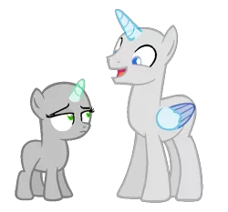 Size: 696x648 | Tagged: safe, artist:ivuiadopts, derpibooru import, oc, unofficial characters only, alicorn, pony, unicorn, alicorn oc, bald, base, duo, female, filly, frown, horn, image, male, open mouth, png, simple background, smiling, stallion, transparent background, two toned wings, unamused, unicorn oc, wings