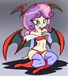 Size: 845x940 | Tagged: suggestive, artist:ambris, banned from derpibooru, sweetie belle, human, succubus, boots, bra, clothes, cosplay, costume, darkstalkers, female, humanized, image, lilith aensland, lolicon, looking at you, panties, png, shoes, solo, solo female, underage, underwear, wings