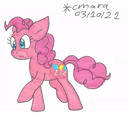 Size: 964x861 | Tagged: safe, artist:cmara, derpibooru import, pinkie pie, oc, earth pony, pony, earth pony oc, female, image, jpeg, mare, raised hoof, raised leg, simple background, solo, traditional art, white background