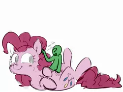 Size: 2732x2048 | Tagged: safe, artist:nobody, color edit, derpibooru import, edit, editor:datzigga, pinkie pie, oc, oc:anon, earth pony, human, pony, bellyrubs, colored, cute, diapinkes, ear scratch, image, jpeg, macro/micro, petting