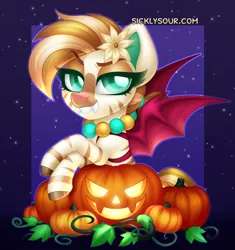 Size: 1110x1182 | Tagged: safe, artist:sickly-sour, derpibooru import, oc, oc:bombay colada, unofficial characters only, pony, clothes, costume, female, halloween, halloween costume, holiday, image, jack-o-lantern, jpeg, mare, pumpkin, solo