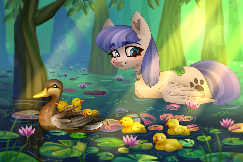 Size: 3000x2000 | Tagged: safe, artist:irinamar, derpibooru import, oc, oc:snow pup, unofficial characters only, bird, duck, pegasus, pony, blushing, collar, cute, duckling, female, image, jpeg, lilypad, mare, pet tag, pond, solo, swimming, tree, water