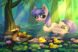 Size: 3000x2000 | Tagged: safe, artist:irinamar, derpibooru import, oc, oc:snow pup, unofficial characters only, bird, duck, pegasus, pony, blushing, collar, cute, duckling, female, image, jpeg, lilypad, mare, pet tag, pond, solo, swimming, tree, water