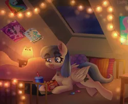 Size: 2829x2300 | Tagged: safe, artist:irinamar, derpibooru import, oc, oc:snow pup, unofficial characters only, pegasus, pony, bed, bedroom, candy, chips, collar, computer, drink, female, folded wings, food, image, jpeg, lamp, laptop computer, lying down, mare, pet tag, pillow, poster, solo, string lights, wings