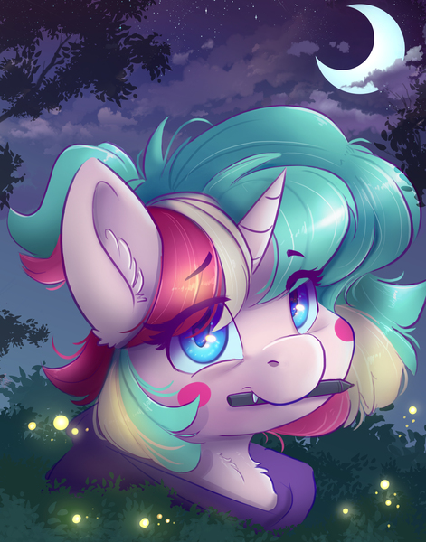 Size: 3300x4200 | Tagged: safe, artist:ardail, derpibooru import, oc, oc:cotton sweets, firefly (insect), insect, unicorn, image, jpeg, moon, night, tired eyes