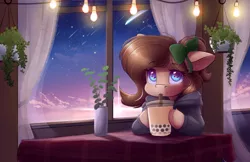 Size: 4250x2750 | Tagged: safe, artist:ardail, derpibooru import, oc, oc:mocha latte, unofficial characters only, pony, boba tea, bow, cafe, clothes, hoodie, image, jpeg, plants