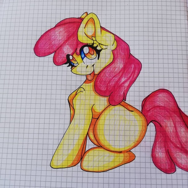 Size: 1080x1080 | Tagged: safe, artist:tessa_key_, derpibooru import, apple bloom, earth pony, pony, :p, ear fluff, eyelashes, female, filly, graph paper, image, jpeg, sitting, solo, tongue out, traditional art