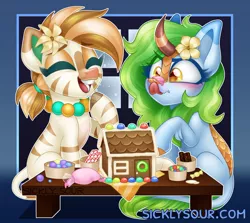 Size: 1086x969 | Tagged: safe, artist:sickly-sour, derpibooru import, oc, oc:bombay colada, unofficial characters only, kirin, pony, zebra, female, flower, flower in hair, gingerbread house, image, jewelry, jpeg, mare, necklace