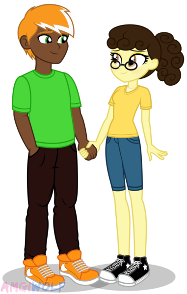 Size: 1959x3089 | Tagged: safe, artist:amgiwolf, derpibooru import, oc, unofficial characters only, equestria girls, clothes, converse, dark skin, duo, female, glasses, holding hands, image, male, oc x oc, pants, png, shipping, shoes, simple background, smiling, straight, transparent background