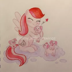Size: 1079x1079 | Tagged: safe, artist:mmy_little_drawings, derpibooru import, oc, unofficial characters only, pegasus, pig, pony, blushing, eyelashes, eyes closed, female, heart, hug, image, jpeg, mare, pegasus oc, piglet, smiling, traditional art, watermark, wings