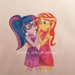 Size: 1080x1080 | Tagged: safe, artist:mmy_little_drawings, derpibooru import, sci-twi, sunset shimmer, twilight sparkle, equestria girls, blushing, clothes, dancing, dress, eyelashes, female, glasses, grin, holding hands, image, jpeg, lesbian, scitwishimmer, shipping, smiling, sunsetsparkle, traditional art, watermark