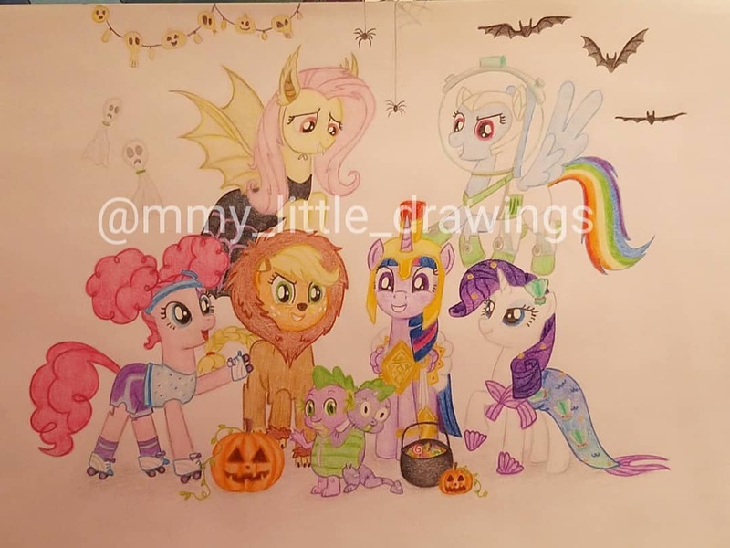 Size: 1078x808 | Tagged: safe, artist:mmy_little_drawings, derpibooru import, applejack, fluttershy, pinkie pie, rainbow dash, rarity, spike, twilight sparkle, twilight sparkle (alicorn), alicorn, bat, big cat, dragon, earth pony, lion, mermaid, pegasus, pony, unicorn, animal costume, applelion, armor, astrodash, athena sparkle, clothes, costume, eyelashes, female, flutterbat costume, flying, freckles, grin, halloween, helmet, holiday, image, jack-o-lantern, jpeg, male, mane seven, mane six, mare, mermarity, multiple heads, obtrusive watermark, pigtails, pinkie puffs, pumpkin, smiling, traditional art, two heads, two-headed dragon, watermark