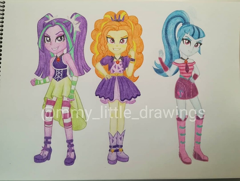 Size: 1080x812 | Tagged: safe, artist:mmy_little_drawings, derpibooru import, adagio dazzle, aria blaze, sonata dusk, equestria girls, clothes, evil grin, eyelashes, female, fingerless gloves, gloves, grin, hand on hip, image, jpeg, skirt, smiling, the dazzlings, traditional art, watermark