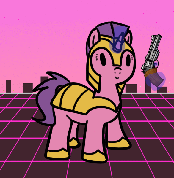 Size: 613x629 | Tagged: safe, alternate version, artist:neuro, oc, unofficial characters only, pony, unicorn, animated, armor, dancing, female, gif, guardsmare, gun, handgun, helmet, hoof shoes, horn, image, magic, mare, revolver, royal guard, seizure warning, shooting, simple background, smiling, solo, telekinesis, transparent background, unicorn oc, weapon