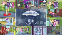 Size: 1280x721 | Tagged: safe, derpibooru import, edit, edited screencap, editor:quoterific, screencap, applejack, fluttershy, pinkie pie, rainbow dash, rarity, sci-twi, sunset shimmer, twilight sparkle, bird, cat, dog, eqg summertime shorts, equestria girls, monday blues, canterlot high, clothes, cutie mark, cutie mark on clothes, female, geode of fauna, geode of shielding, geode of sugar bombs, geode of super strength, geode of telekinesis, glasses, hairpin, hallway, humane five, humane seven, humane six, image, jacket, jewelry, jpeg, lockers, magical geodes, male, messy hair, mirror, necklace, rain, school bus, splash, umbrella, wet hair