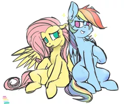Size: 1223x1024 | Tagged: safe, artist:yoditax, color edit, derpibooru import, edit, editor:dashiswaifu69, fluttershy, rainbow dash, pegasus, pony, colored, duo, hoof on chest, image, png, sitting, sketch