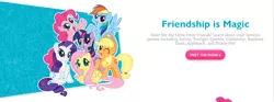 Size: 1150x426 | Tagged: safe, derpibooru import, edit, ace point, applejack, apple split, fluttershy, lyra heartstrings, mayor mare, photo finish, pinkie pie, princess cadance, rainbow dash, rarity, roma, shining armor, silver spoon, twilight sparkle, apple family member, collage, image, mane six, png, promo, website