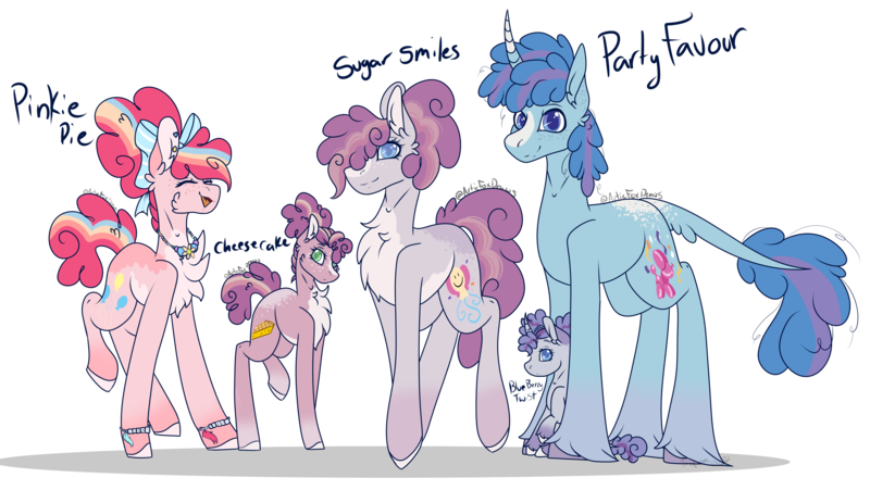 Size: 5190x2929 | Tagged: safe, artist:articfoxdraws, derpibooru import, party favor, pinkie pie, oc, oc:blueberry twist, oc:cheesecake, oc:sugar smiles, earth pony, pony, unicorn, bow, chest fluff, family, female, filly, freckles, hair bow, image, male, mare, offspring, parent:party favor, parent:pinkie pie, parents:partypie, partypie, png, shipping, simple background, stallion, straight, transparent background, unshorn fetlocks