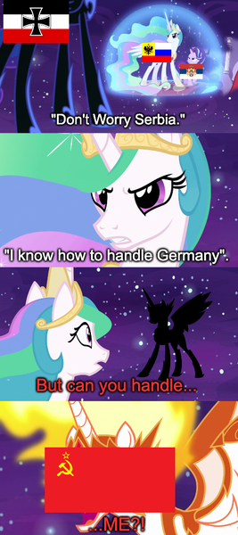 Size: 500x1123 | Tagged: safe, derpibooru import, edit, edited screencap, screencap, daybreaker, nightmare moon, princess celestia, starlight glimmer, a royal problem, comic, german empire, germany, image, png, russia, russian empire, screencap comic, serbia, soviet union