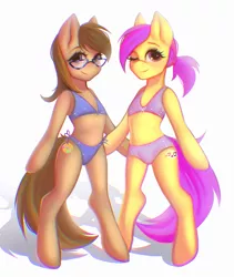 Size: 1827x2160 | Tagged: safe, artist:antilopachi, derpibooru import, oc, oc:dawnsong, oc:evensong, unofficial characters only, earth pony, pegasus, bikini, bipedal, clothes, duo, female, glasses, image, jpeg, looking at you, one eye closed, side-tie bikini, simple background, swimsuit, two piece swimsuit, white background, wink