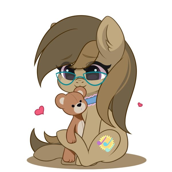 Size: 1080x1080 | Tagged: safe, artist:yomechka, derpibooru import, oc, oc:dawnsong, unofficial characters only, earth pony, collar, female, glasses, heart, image, jpeg, mouth hold, simple background, solo, tail wag, teddy bear, white background