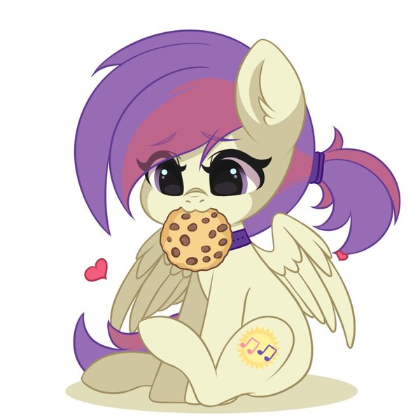 Size: 1080x1080 | Tagged: safe, artist:yomechka, derpibooru import, oc, oc:evensong, unofficial characters only, pegasus, collar, cookie, female, food, heart, image, jpeg, mouth hold, solo, tail wag