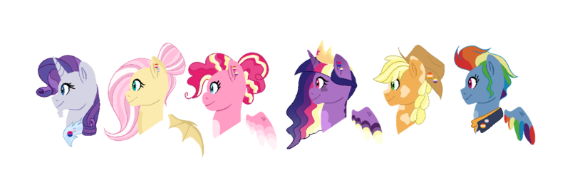 Size: 1280x427 | Tagged: safe, artist:lovecorecalico, derpibooru import, applejack, fluttershy, pinkie pie, rainbow dash, rarity, twilight sparkle, twilight sparkle (alicorn), alicorn, bat pony, earth pony, pegasus, pony, unicorn, base used, bat ponified, bust, facial hair, female, flutterbat, goatee, image, mane six, older, older applejack, older fluttershy, older mane six, older pinkie pie, older rainbow dash, older rarity, older twilight, png, race swap, simple background, trans female, transgender, transparent background