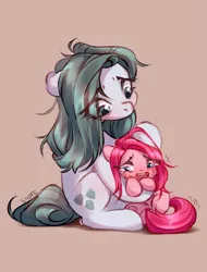 Size: 2205x2894 | Tagged: safe, artist:shore2020, banned from derpibooru, deleted from derpibooru, derpibooru import, cloudy quartz, pinkie pie, earth pony, pony, comforting, crying, duo, duo female, female, filly, filly pinkie pie, image, mare, mother and child, mother and daughter, pinkamena diane pie, png, sad, simple background, teary eyes, younger