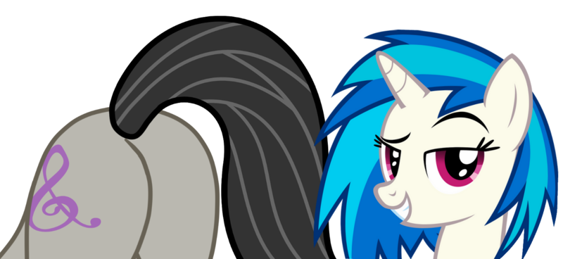 Size: 1520x700 | Tagged: suggestive, artist:gmaplay, artist:rozyfly10, derpibooru import, octavia melody, vinyl scratch, earth pony, unicorn, ass, butt, enjoying, female, image, lesbian, looking at her butt, music, png, prize on the eyes, rear view, scratchtavia, shipping, simple background, smug, treblebutt