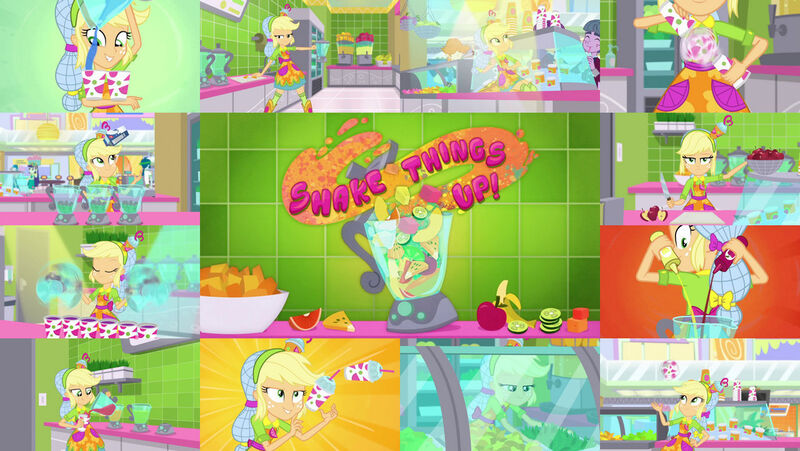 Size: 1280x721 | Tagged: safe, derpibooru import, edit, edited screencap, editor:quoterific, screencap, applejack, eqg summertime shorts, equestria girls, shake things up!, apple, banana, blender (object), cute, female, food, food court, image, jackabetes, jpeg, juice, pickle