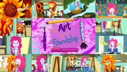 Size: 1280x721 | Tagged: safe, derpibooru import, edit, edited screencap, editor:quoterific, screencap, apple bloom, pinkie pie, sunset shimmer, wiz kid, bird, eqg summertime shorts, equestria girls, the art of friendship, ^^, apple bloom's bow, apron, boots, bow, clothes, cutie mark, cutie mark on clothes, drums, drumsticks, eyes closed, flower, hair bow, hug, image, musical instrument, painting, png, shoes, tree