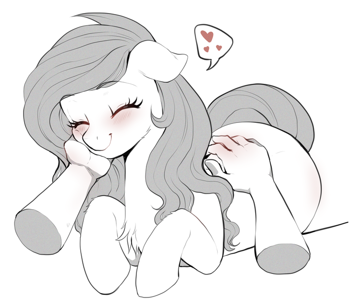 Size: 2045x1748 | Tagged: safe, artist:evomanaphy, derpibooru import, oc, oc:shadow blue, unofficial characters only, earth pony, human, pony, back scratching, blushing, cuddling, cute, disembodied hand, feelings, hand, heart, hnnng, image, monochrome, offscreen character, pat, patreon, patreon reward, png, pony pet, pov, smiling